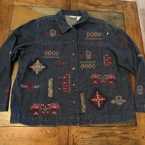 Vintage Cottagecore Denim Jacket 2X Embroidery Patchwork Art To Wear Grandmacore